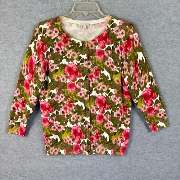 Talbots M Cardigan Sweater Watercolor Floral Roses 100% Cotton 3/4 Sleeve - Picture 2 of 9